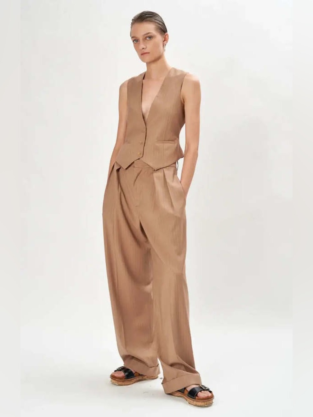 Ronny Kobo Tan Vest and Wide Leg Trousers Pants Set NWT Tailored Office Chic S
